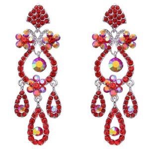 Silver with Ruby Red and AB Austrian Crystal Flower Vase Chandelier Earrings